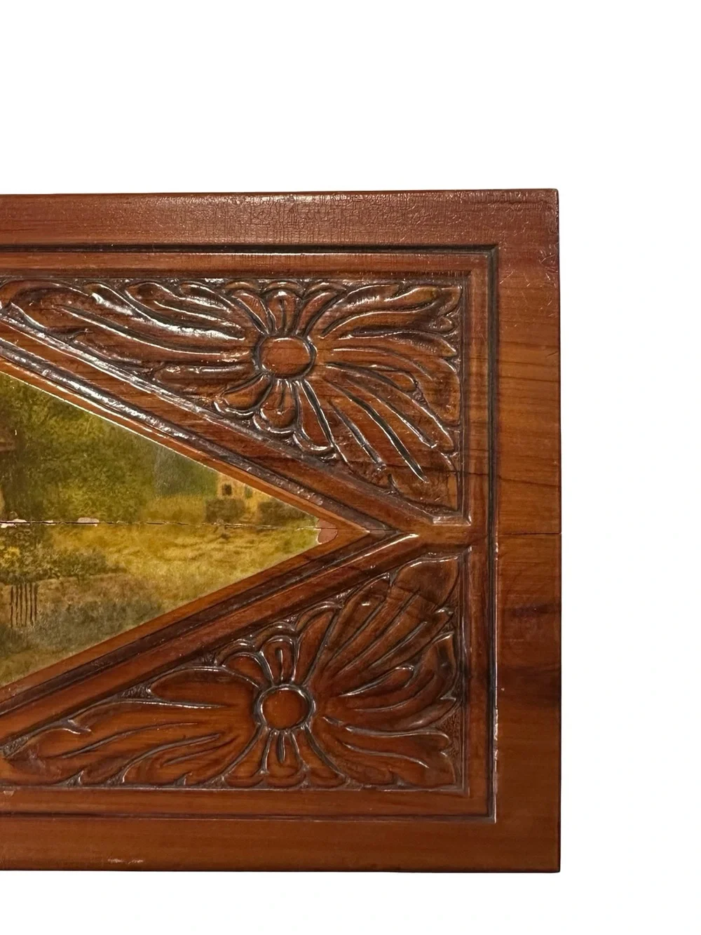 Vtg Carved Wood Trinket Keepsake Box Diamond Cottage Lithograph Inset Flaw Folk